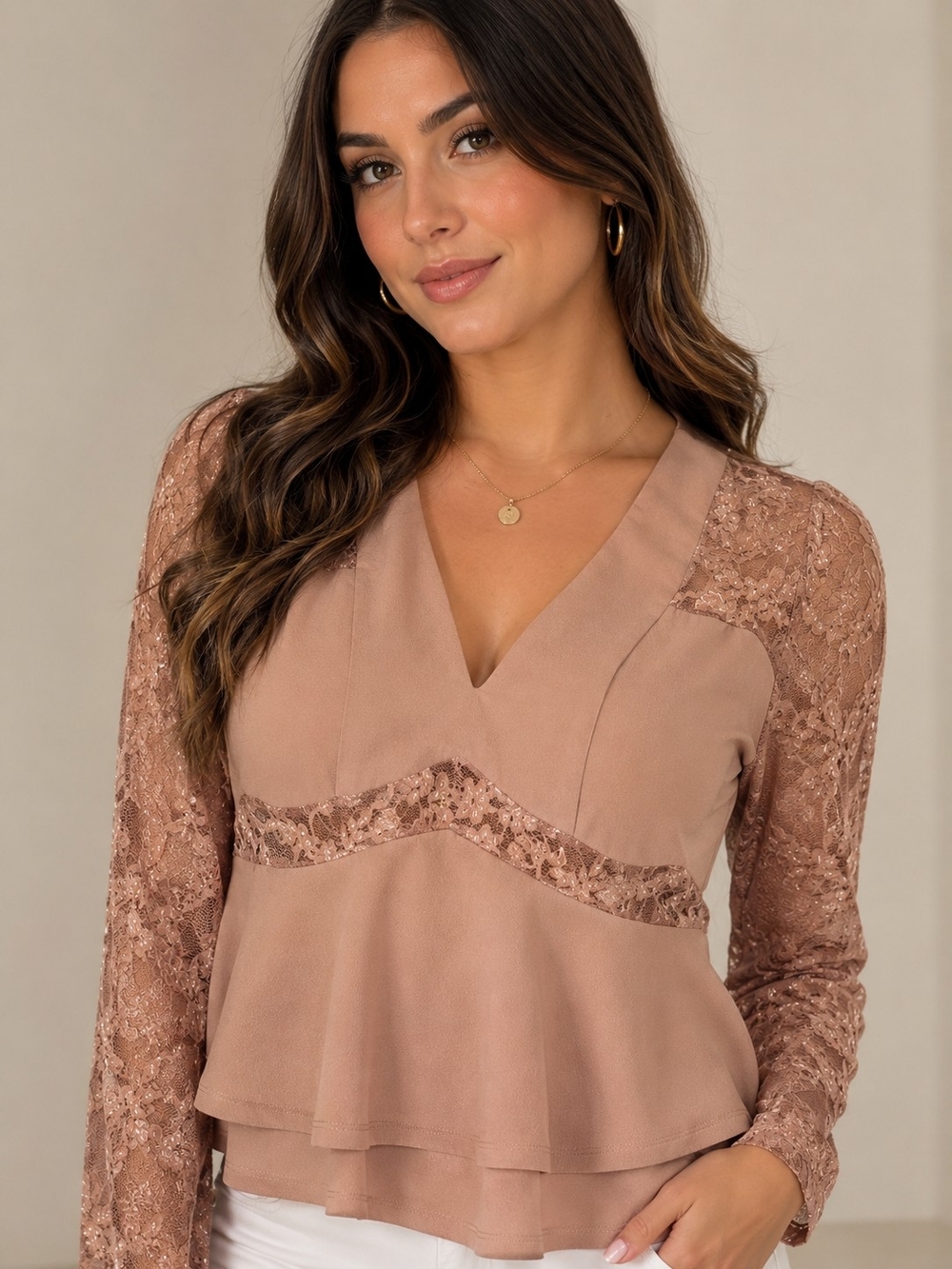 Fashion Nova Blush Lace V-Neck Peplum Top